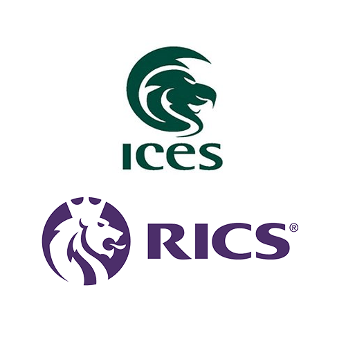Logos for the Royal Institution of Chartered Surveyors (RICS) and the Chartered Institution of Civil Engineering Surveyors (CICES).